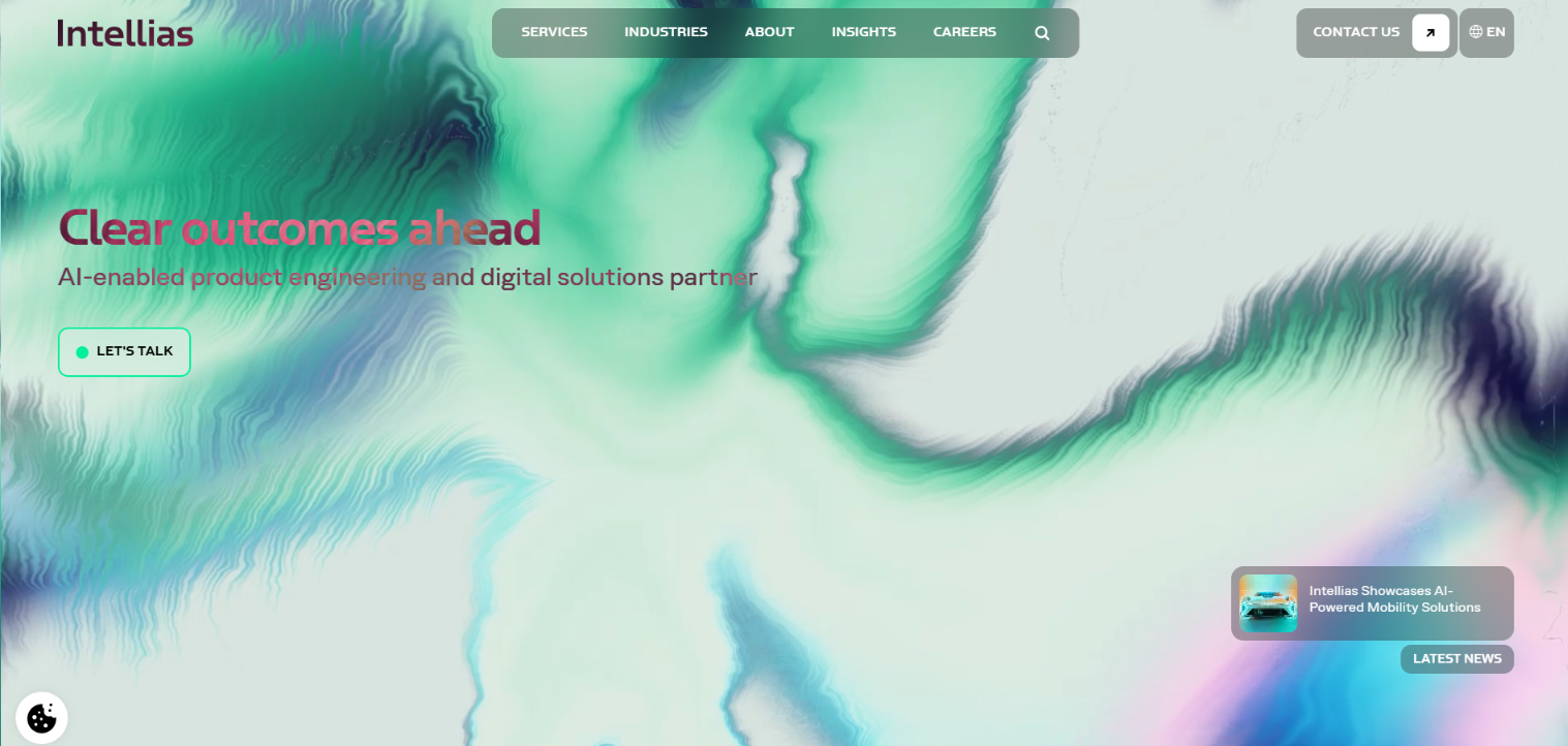 Screenshot of the Intellias homepage with the tagline Clear outcomes ahead for AI-enabled product engineering.