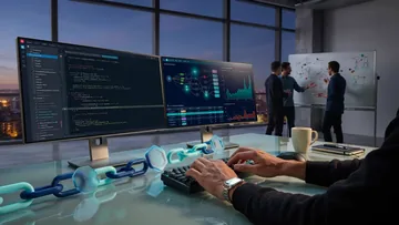 Blockchain developer reviewing smart contract code and a live network dashboard at one of the top blockchain development companies