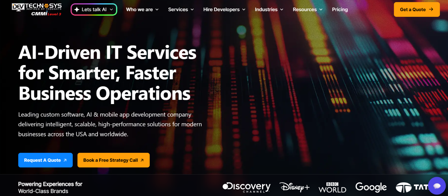 Screenshot of the Dev Technosys homepage - 'AI-Driven IT Services for Smarter, Faster Business Operations', a CMMI Level 3 company.
