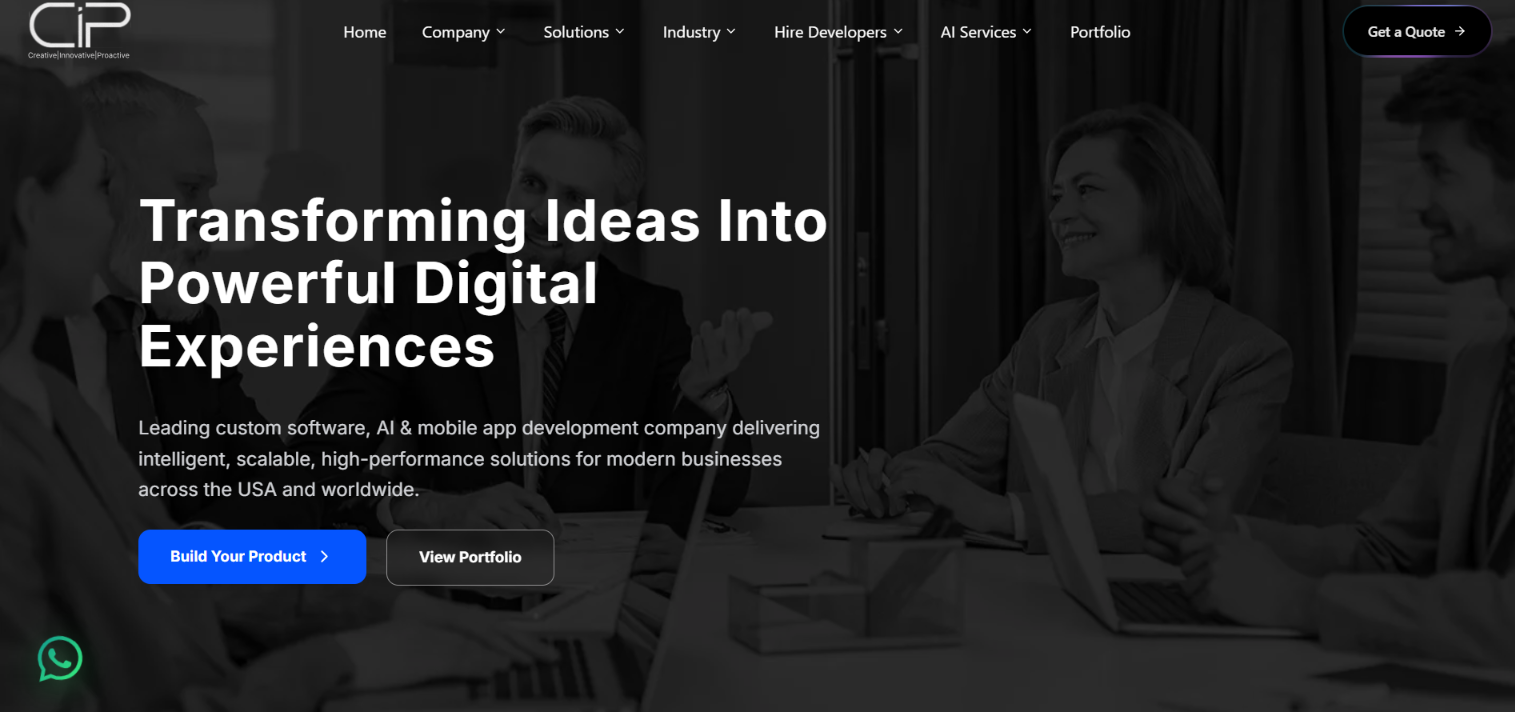 Screenshot of the CrinPro Solutions (CIP) homepage - 'Transforming Ideas Into Powerful Digital Experiences', a custom software, AI and mobile app development company.