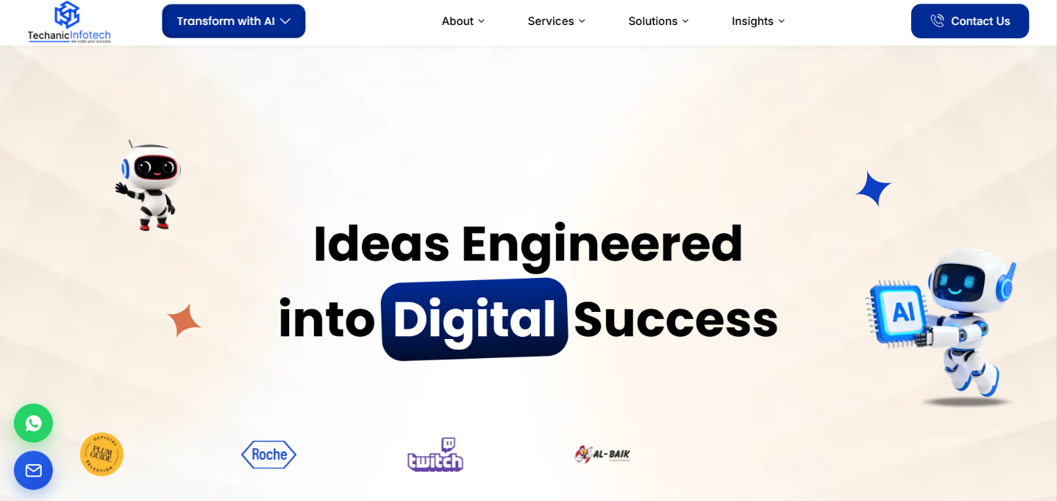 Screenshot of the Techanic Infotech homepage - 'Ideas Engineered into Digital Success', with AI-themed robot mascots.
