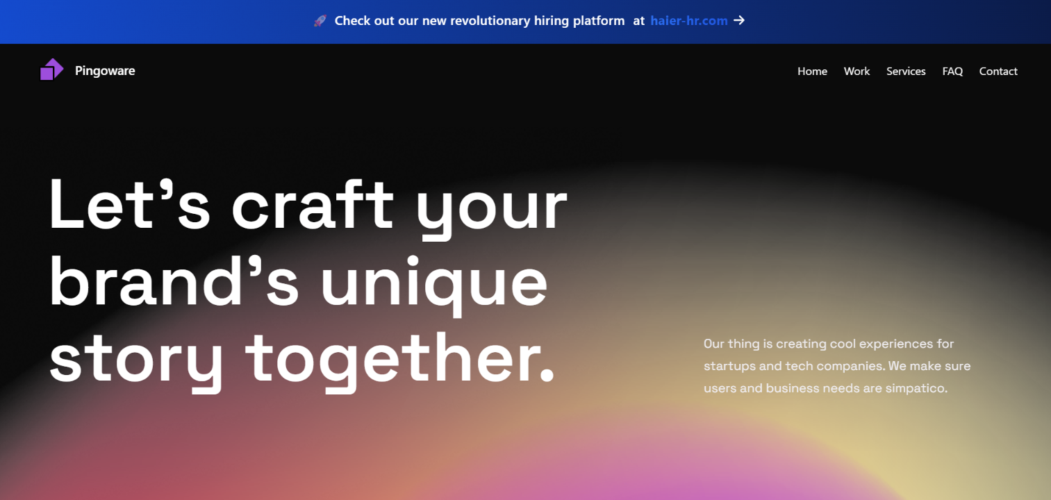 Screenshot of the Pingoware homepage - 'Let's craft your brand's unique story together', creating experiences for startups and tech companies.