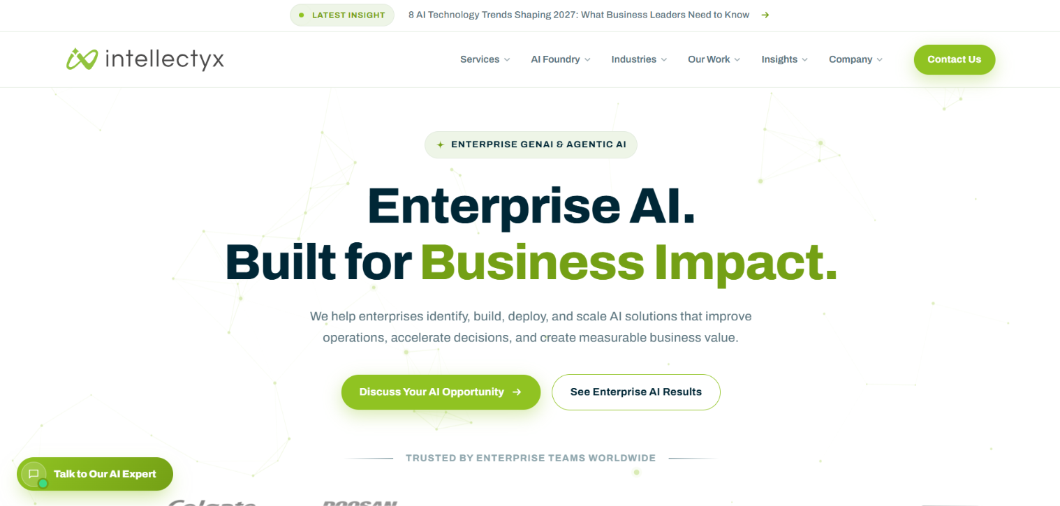 Screenshot of the Intellectyx homepage - 'Enterprise AI. Built for Business Impact', enterprise GenAI and agentic AI.