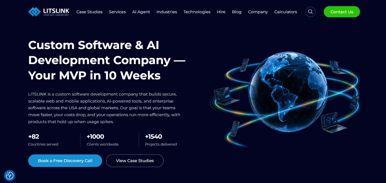Screenshot of the LITSLINK homepage - a custom software and AI development company, with 82 countries served, 1,000+ clients, and 1,540+ projects delivered.