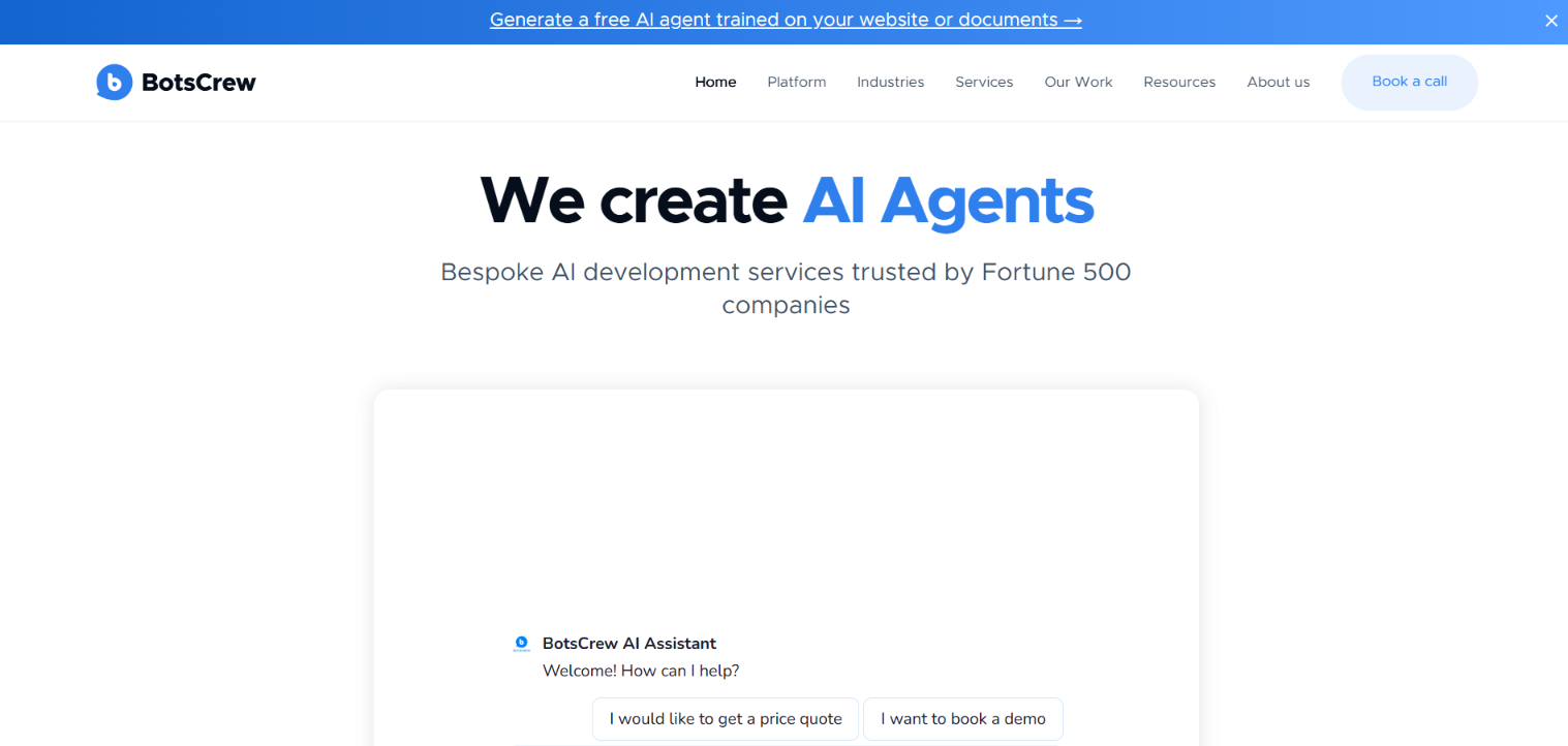 Screenshot of the BotsCrew homepage - 'We create AI Agents', bespoke AI development trusted by Fortune 500 companies, with an in-page AI assistant.