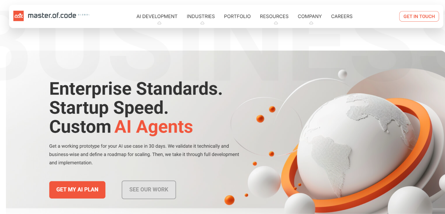 Screenshot of the Master of Code Global homepage - 'Enterprise Standards. Startup Speed. Custom AI Agents', a working prototype in 30 days.