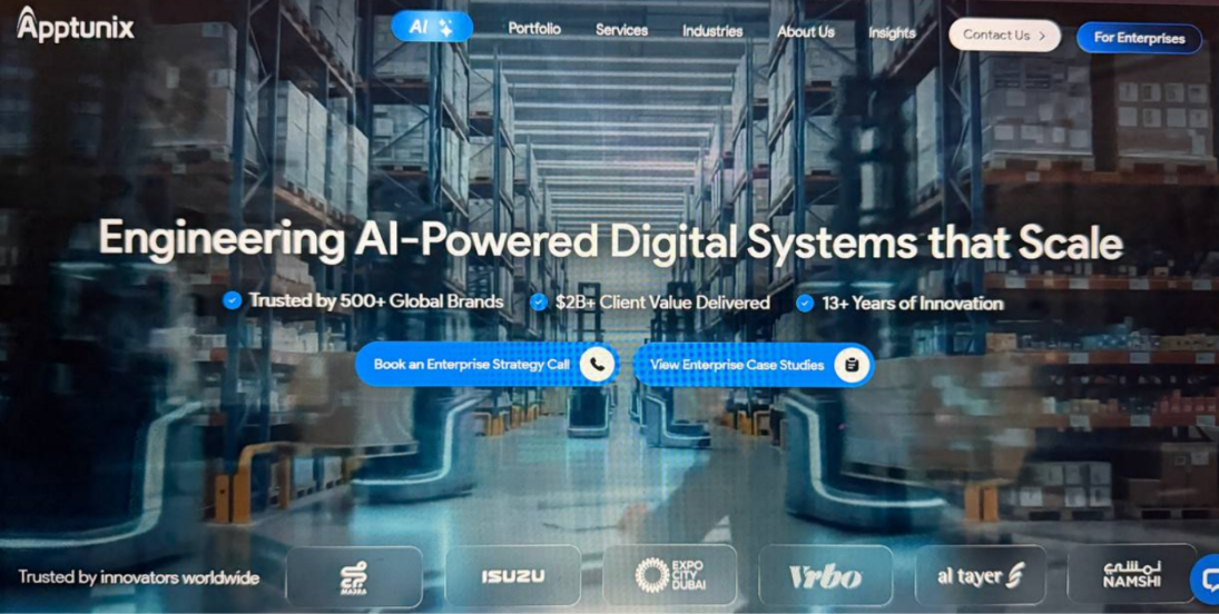 Screenshot of the Apptunix homepage - 'Engineering AI-Powered Digital Systems that Scale', trusted by 500+ global brands.
