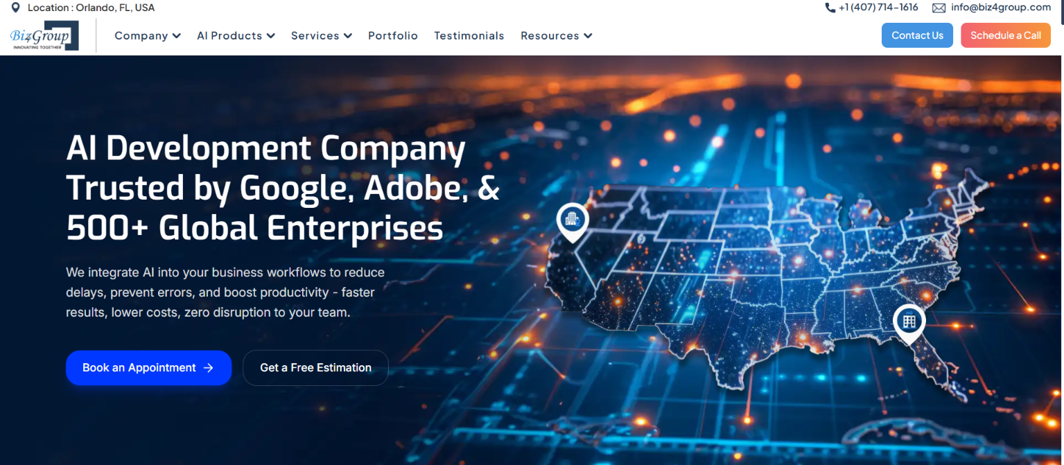 Screenshot of the Biz4Group homepage - an AI development company in Orlando trusted by Google, Adobe and 500+ global enterprises.