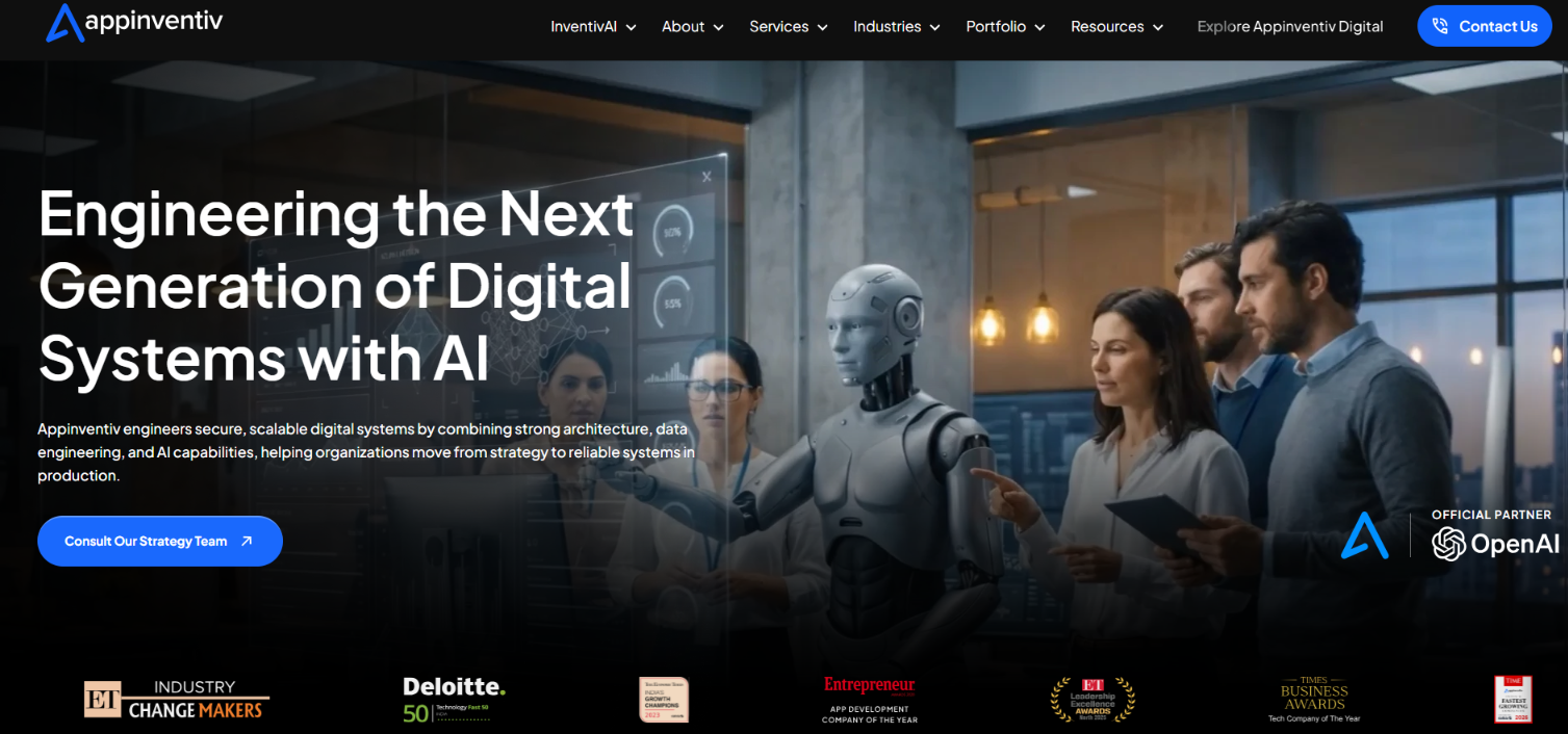 Screenshot of the Appinventiv homepage - 'Engineering the Next Generation of Digital Systems with AI', an official OpenAI partner.