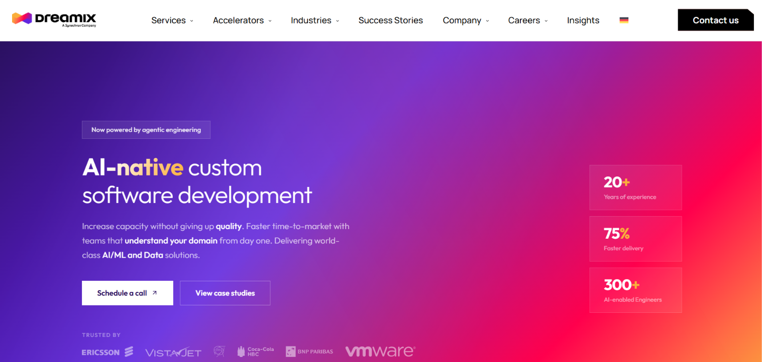 Screenshot of the Dreamix homepage — AI-native custom software development, 20+ years of experience and 300+ AI-enabled engineers.