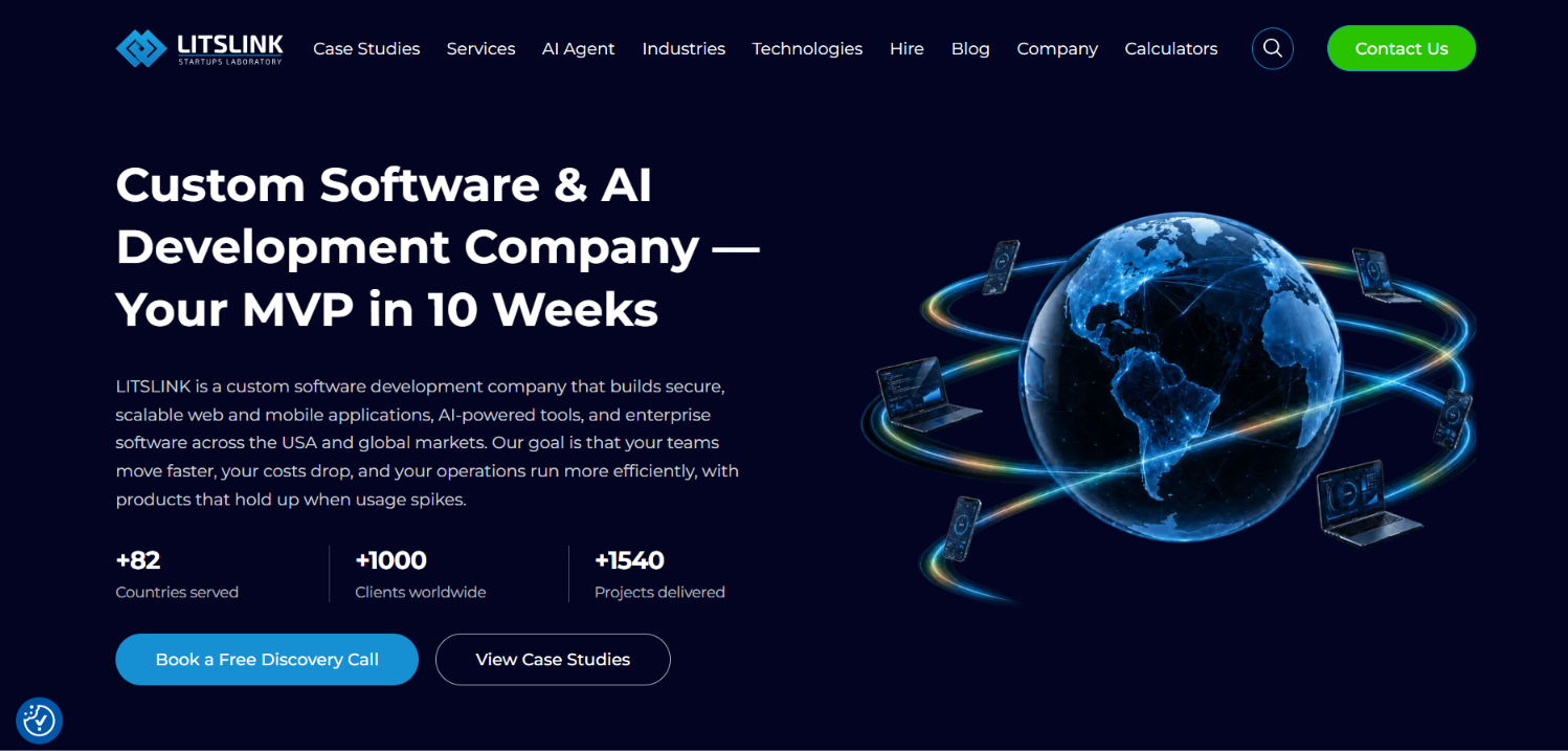 Screenshot of the LITSLINK homepage — a custom software and AI development company, with 82 countries served, 1,000+ clients, and 1,540+ projects delivered.