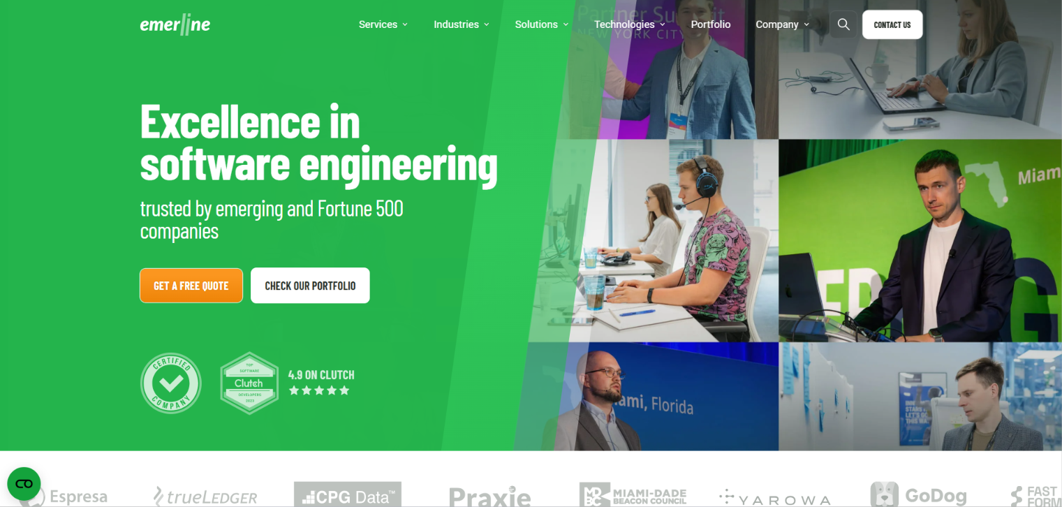 Screenshot of the Emerline homepage — excellence in software engineering, 4.9 on Clutch, trusted by emerging and Fortune 500 companies.