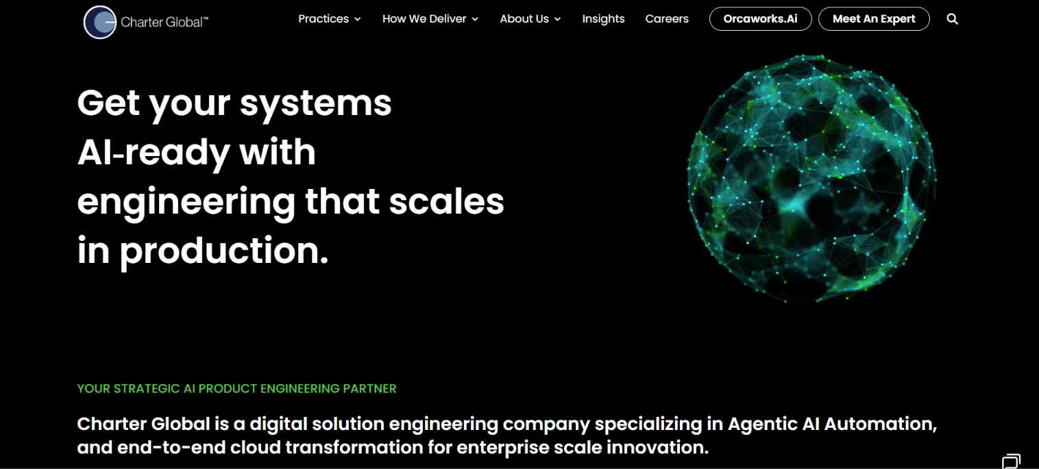 Screenshot of the Charter Global homepage — a strategic AI product engineering partner for enterprise-scale cloud transformation.