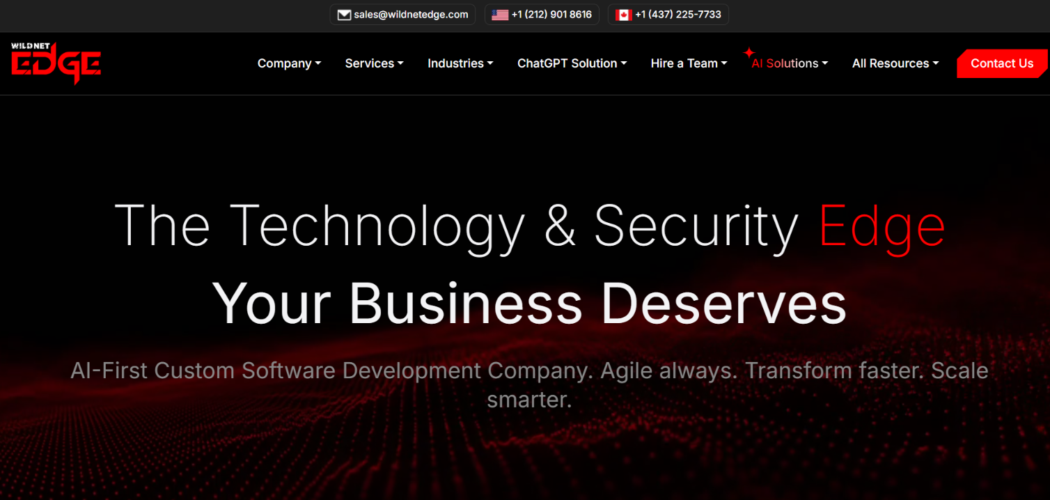 Screenshot of the Wildnet Edge homepage — an AI-first custom software development company.