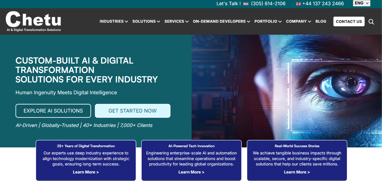 Screenshot of the Chetu homepage — custom-built AI and digital transformation solutions for every industry, 25+ years and 7,000+ clients.