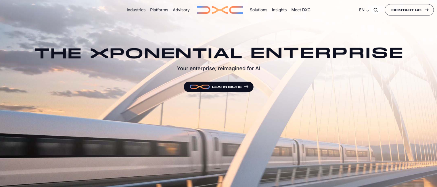Screenshot of the DXC Technology homepage — The Xponential Enterprise, your enterprise reimagined for AI.