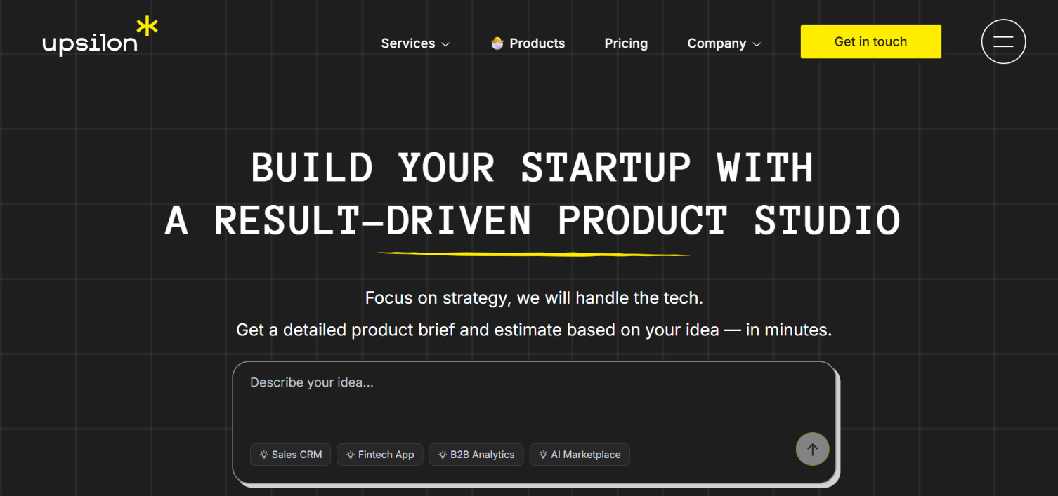 Screenshot of the UpsilonIT homepage — a result-driven product studio that gives founders a product brief and estimate in minutes.