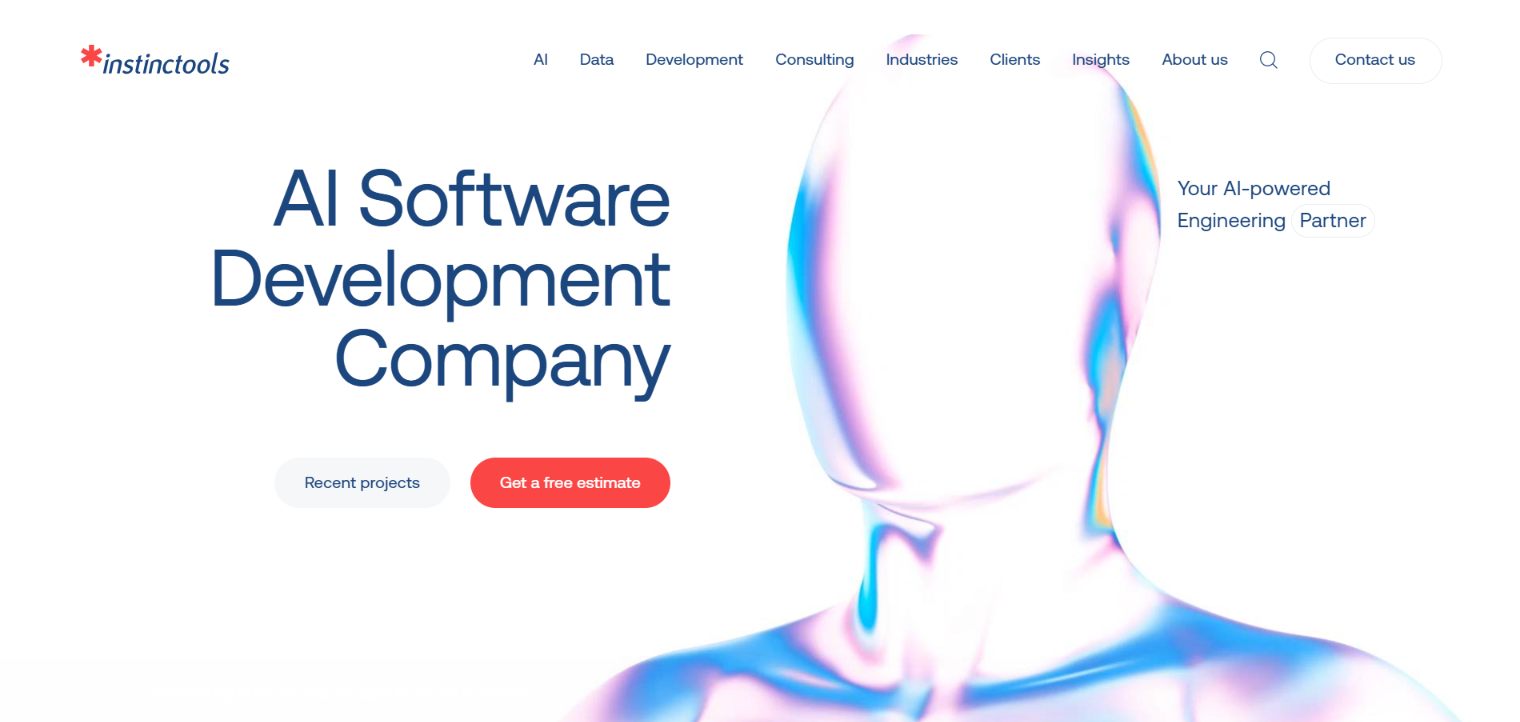 Screenshot of the instinctools homepage — an AI software development company positioned as your AI-powered engineering partner.