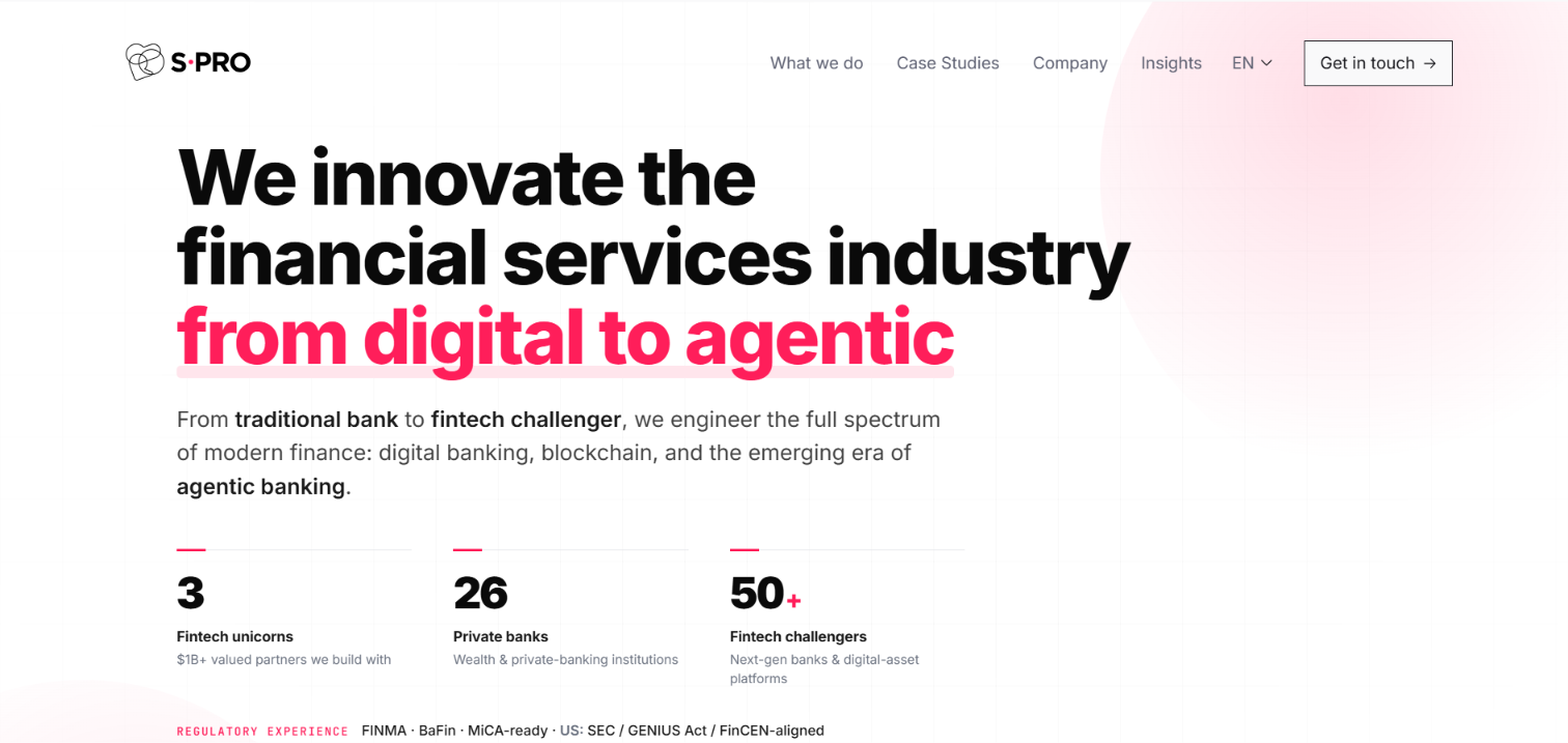 Screenshot of the S-Pro homepage — a financial-services software company building from digital to agentic banking.