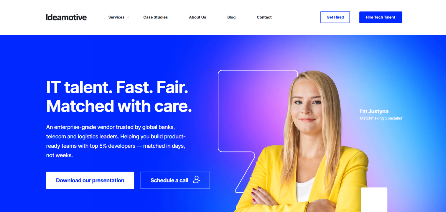 Screenshot of the Ideamotive homepage — IT talent matched with care, an enterprise-grade vendor providing top 5% developers.