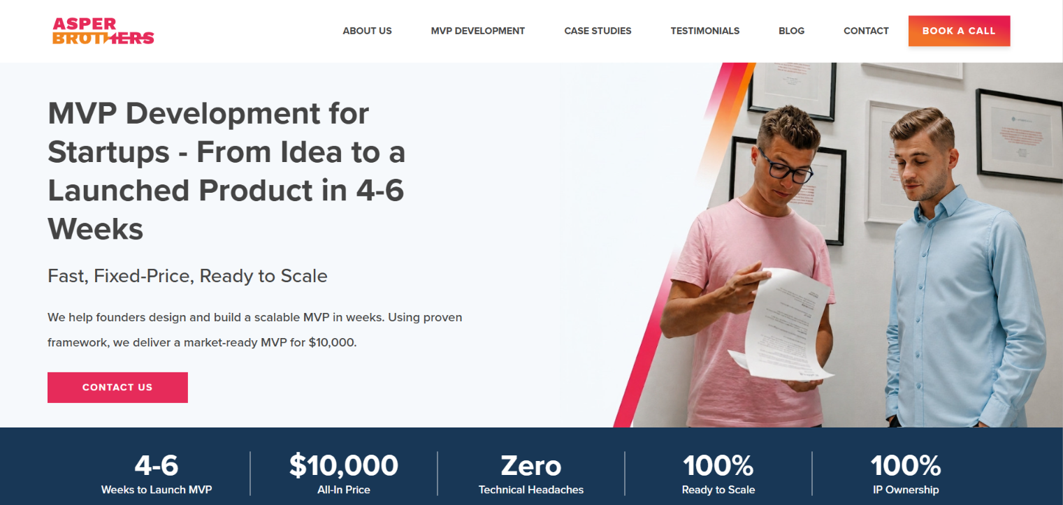 Screenshot of the Asper Brothers homepage — MVP development for startups from idea to a launched product in 4-6 weeks at a fixed $10,000 price.