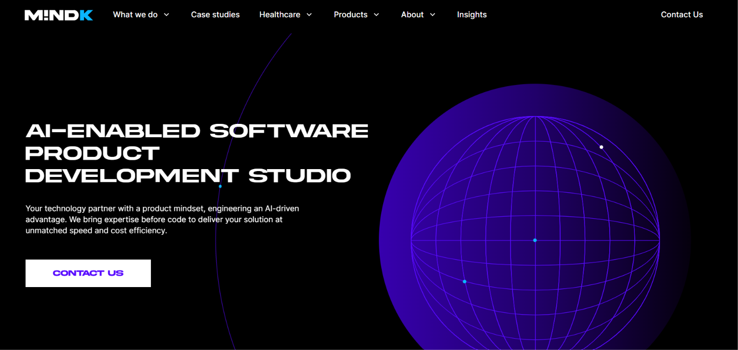 Screenshot of the MindK homepage — an AI-enabled software product development studio.