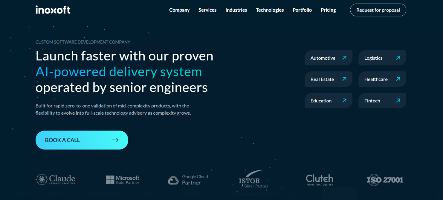 Screenshot of the Inoxoft homepage — a custom software development company with an AI-powered delivery system operated by senior engineers.