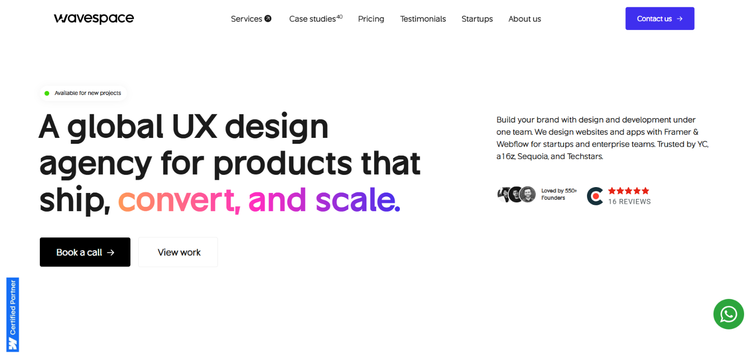 Screenshot of the Wavespace homepage — a global UX design agency for products that ship, convert, and scale.