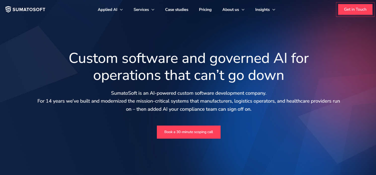 Screenshot of the SumatoSoft homepage — custom software and governed AI for operations that can't go down.
