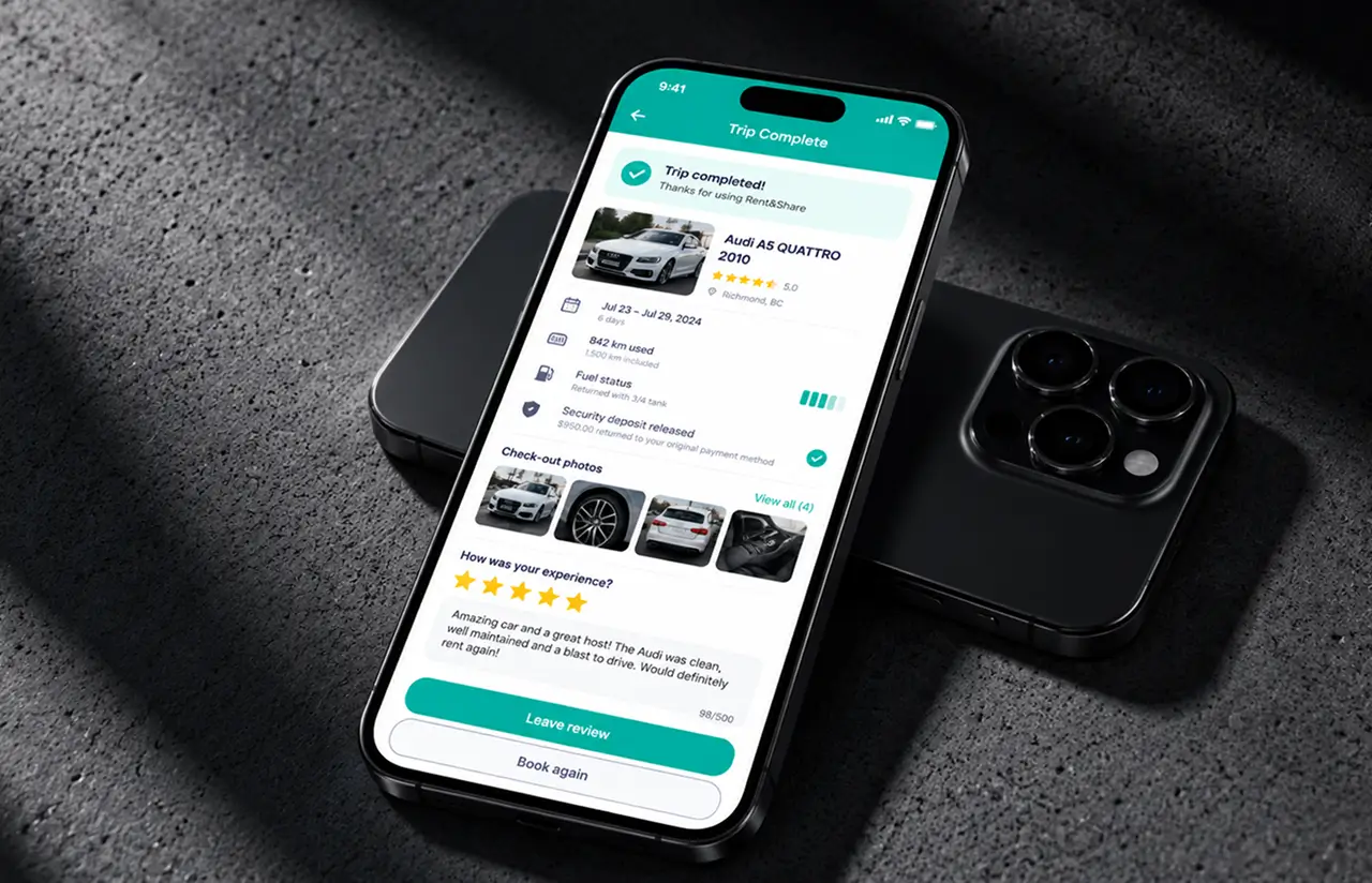 Phone on concrete showing a completed trip: dates and distance, fuel status, security deposit released, check-out photos and a five-star review field