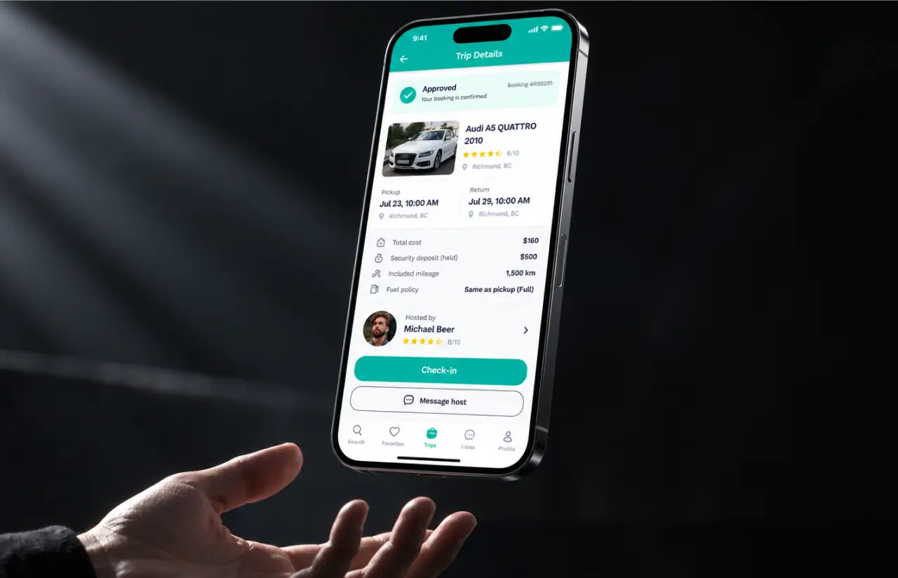 Phone above an open hand showing an approved booking: the car, pickup and return times, total cost, security deposit, included mileage, fuel policy, the host and a check-in button