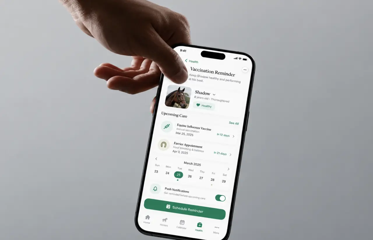 Phone held in a hand showing upcoming care for a horse: a vaccination and a farrier appointment with days remaining, a calendar, and push notifications switched on