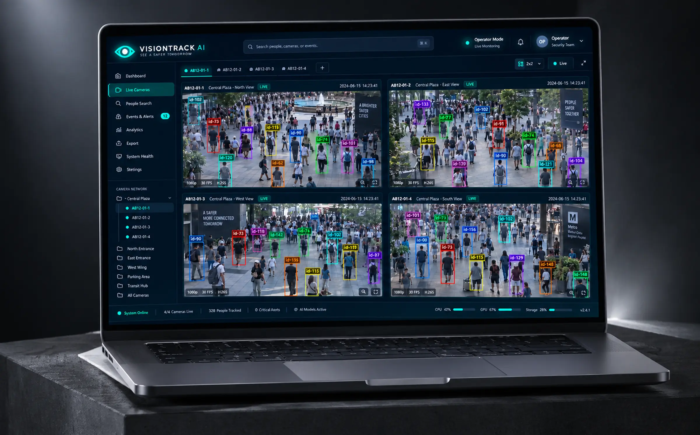 Four plaza camera feeds shown at once, each with tracked people in coloured bounding boxes