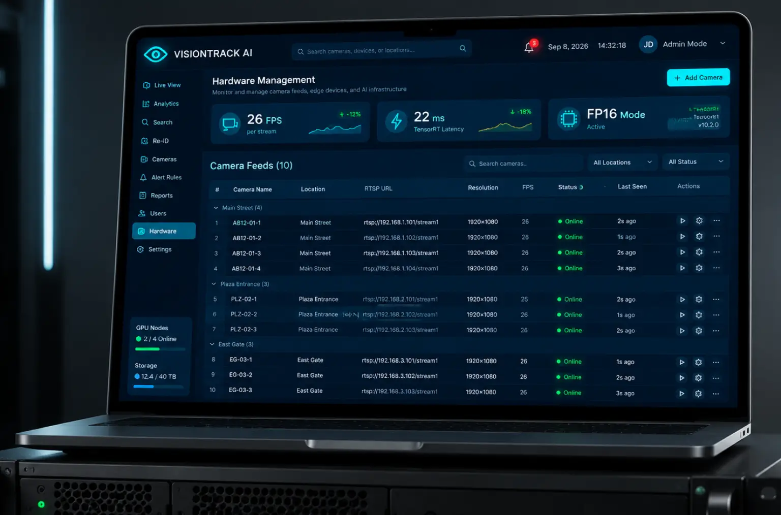 Hardware screen with 26 FPS per stream, 22 ms TensorRT latency and ten camera feeds online