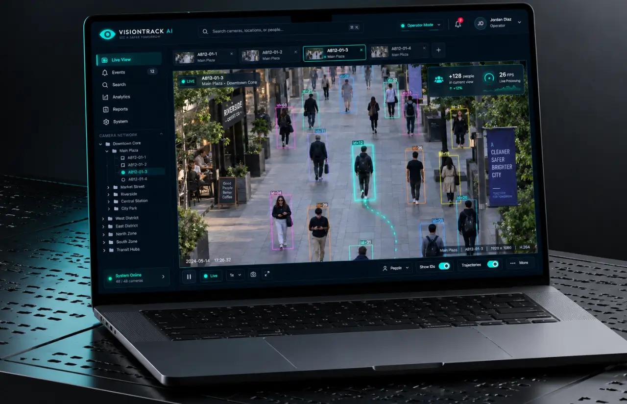 Live feed with coloured bounding boxes and IDs over pedestrians on a plaza, running at 26 FPS
