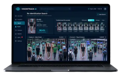 Re-identification screen matching one person across two camera feeds with a 98.4% confidence score