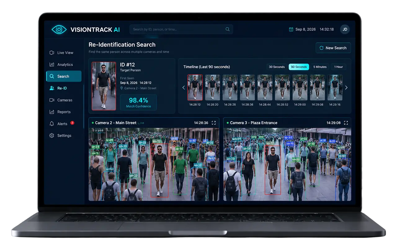 Re-identification screen matching one person across two camera feeds with a 98.4% confidence score