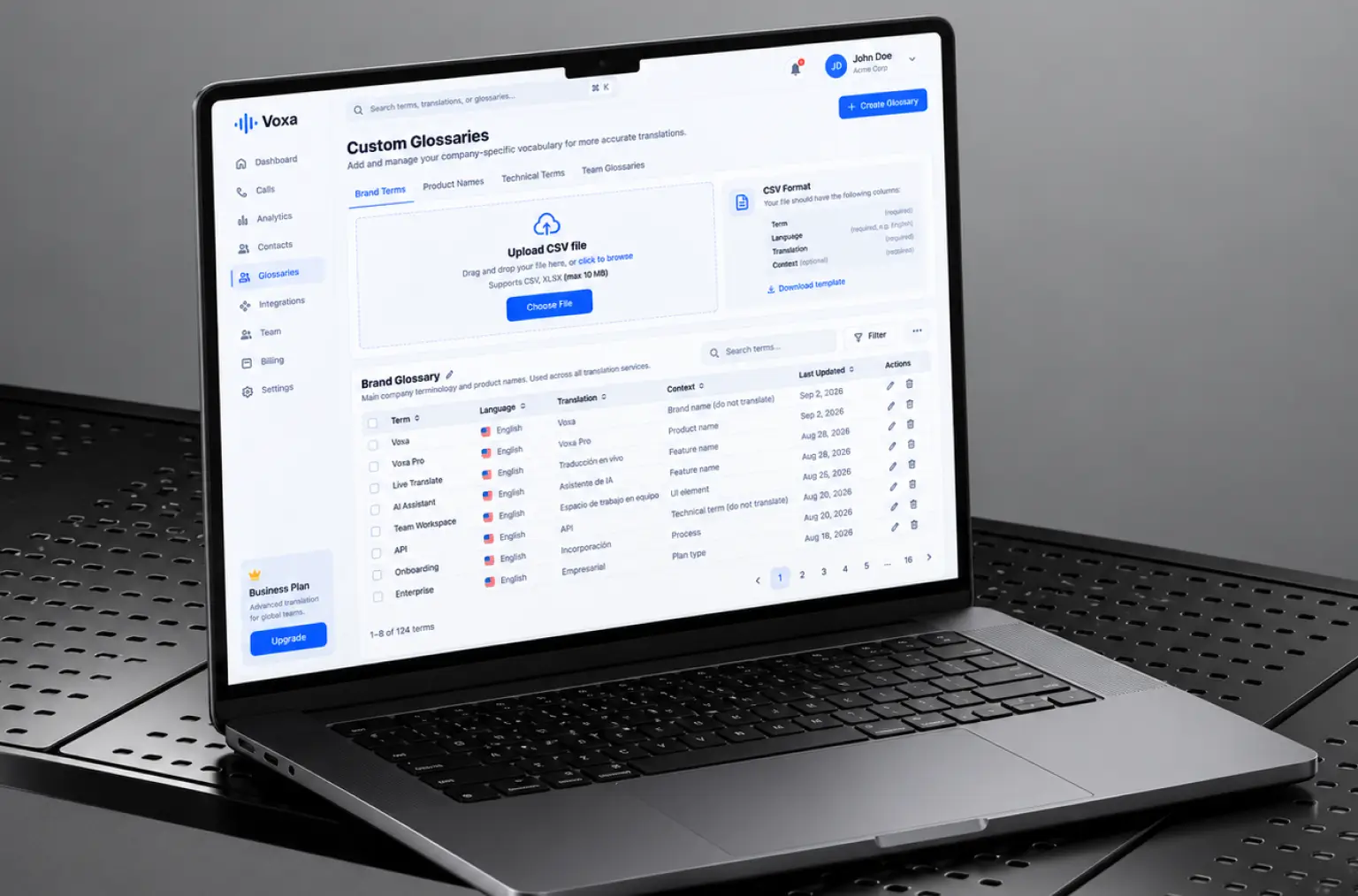 Custom glossaries screen with a brand term table and a CSV upload area