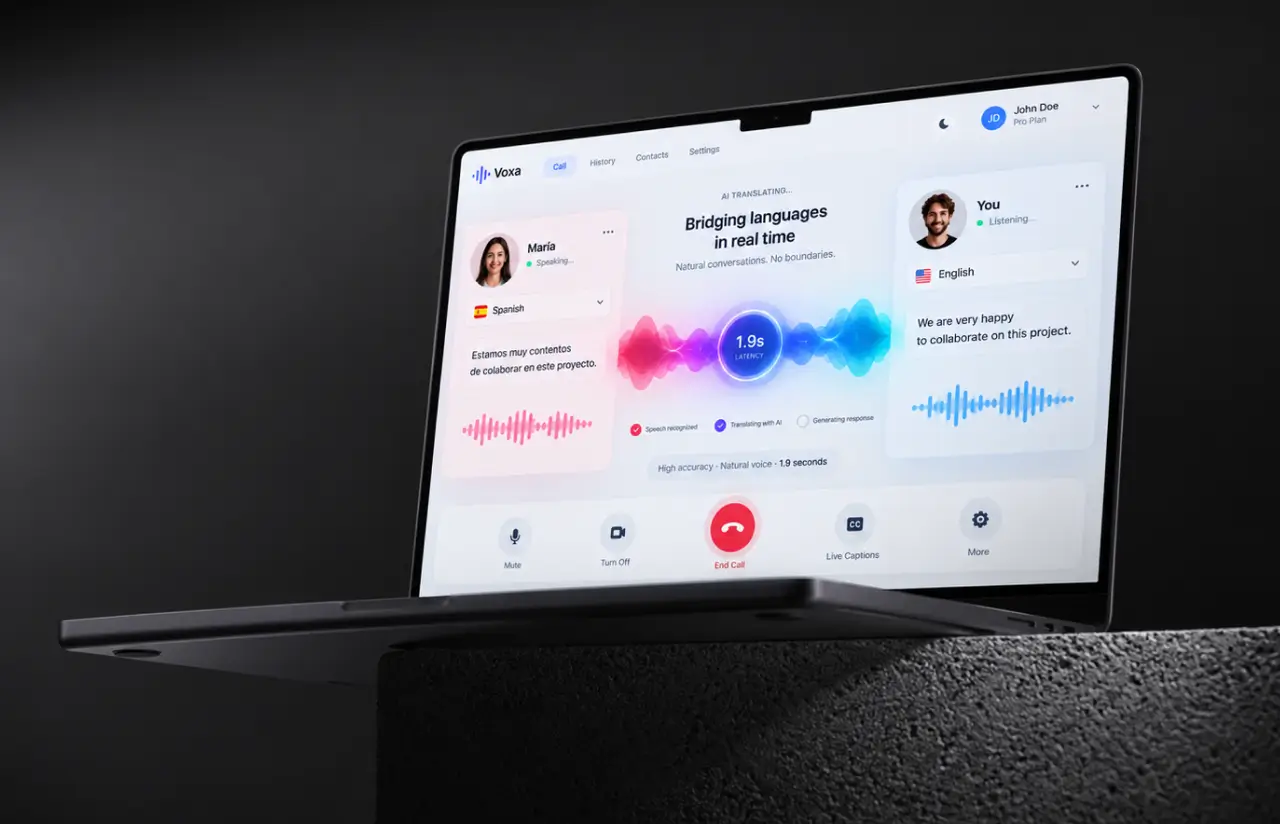 Call screen showing waveforms for both speakers and a 1.9 second end-to-end latency indicator
