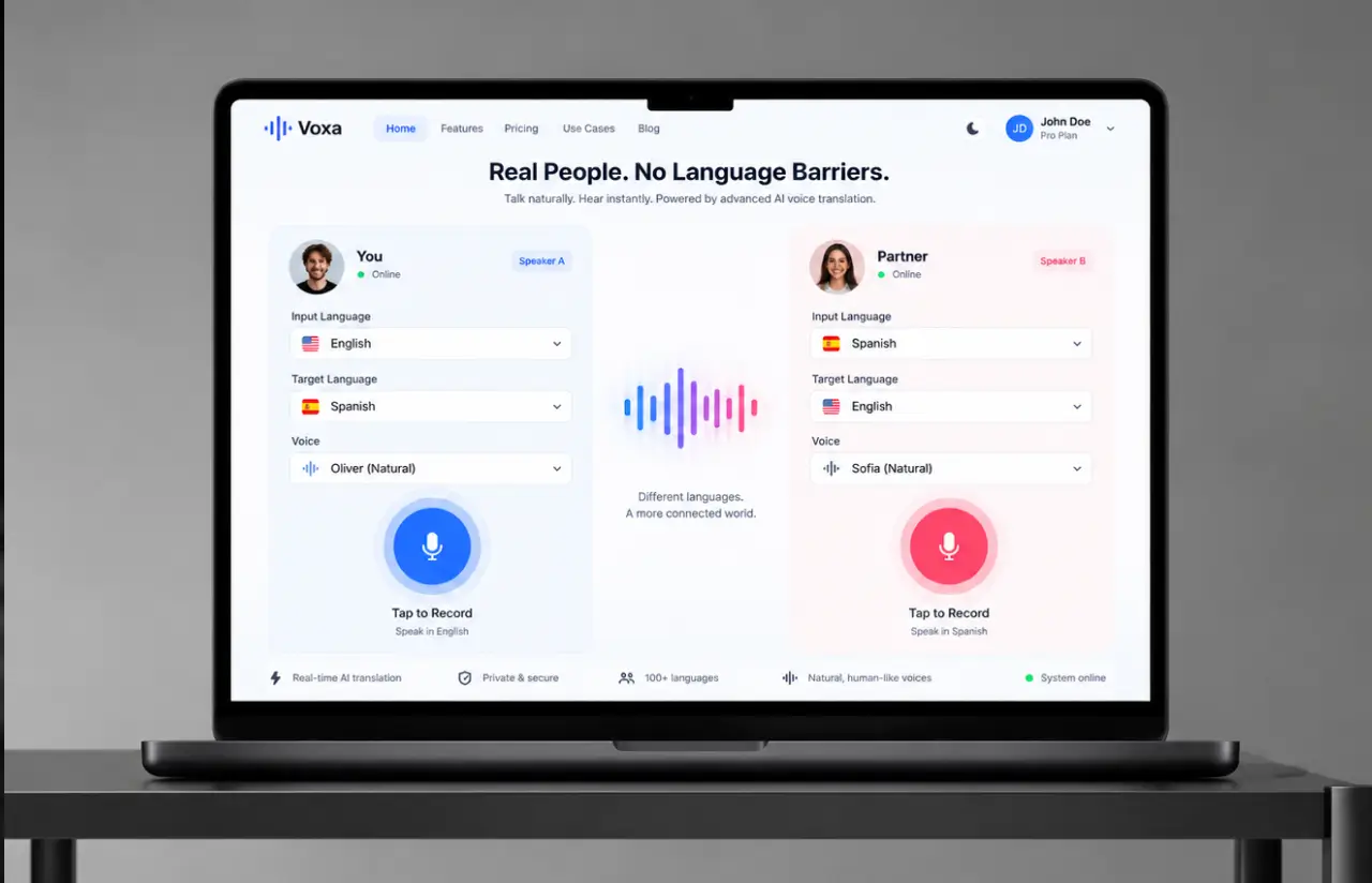 Session screen with input language, target language and voice controls for each of the two speakers