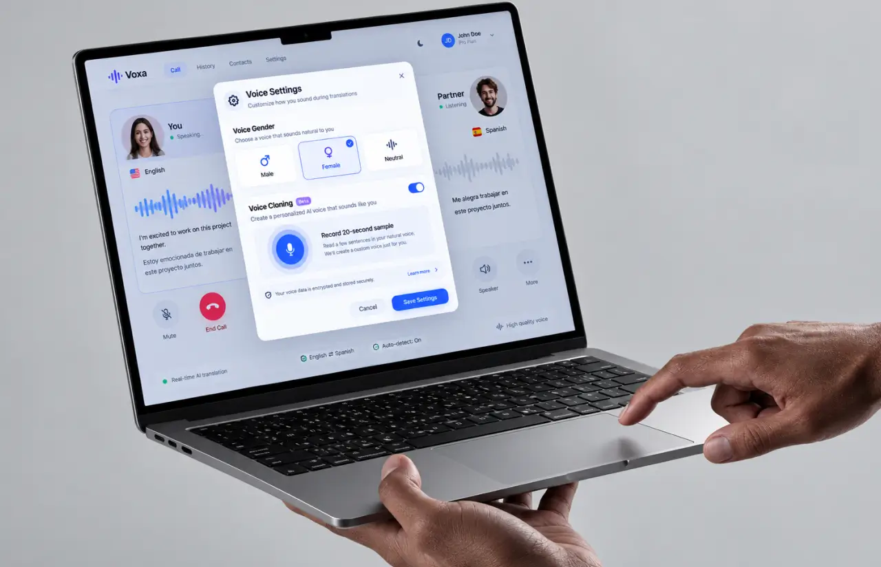 Voice settings dialog with male, female and neutral voice options and a 20-second voice cloning sample