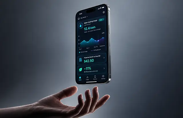 Phone floating above a hand showing water heating usage of 12.4 kWh, a forecast chart, a projected month-to-date bill and an 11% bill reduction