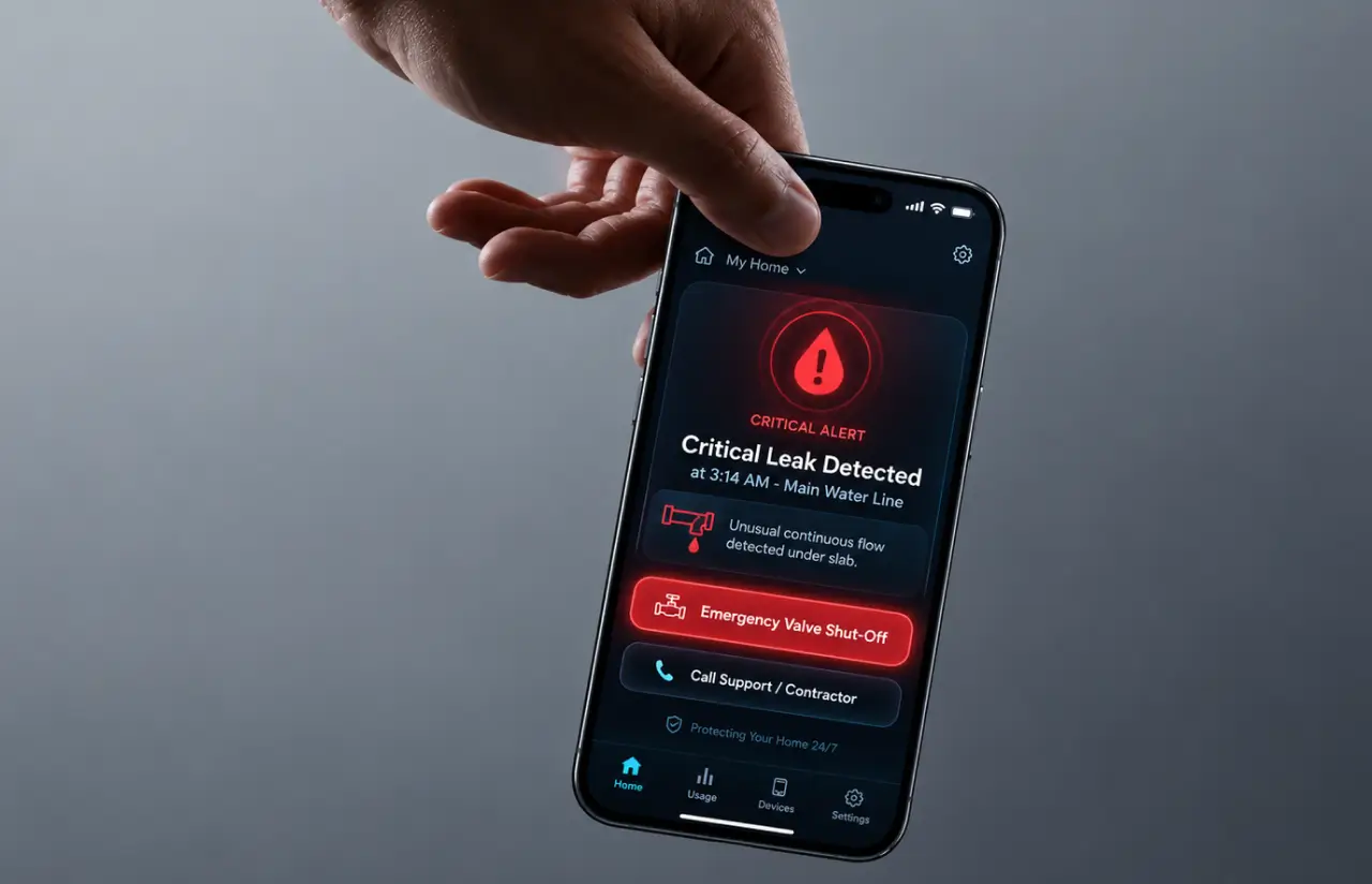 Hand holding a phone with a critical leak alert on the main water line at 3:14 AM, an emergency valve shut-off button and a call support button