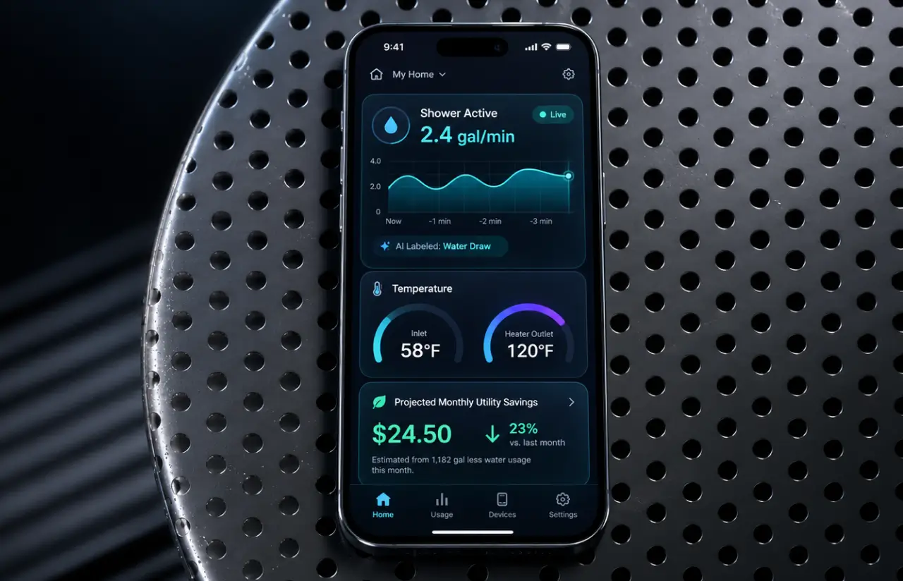 Phone on perforated metal showing a live shower event at 2.4 gallons per minute labeled by AI as a water draw, inlet and heater outlet temperatures and projected monthly savings