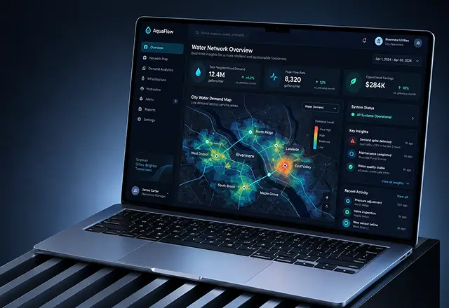 Laptop with a water network overview dashboard showing neighborhood demand, peak flow rate, operational savings, a city water demand heat map and key insights