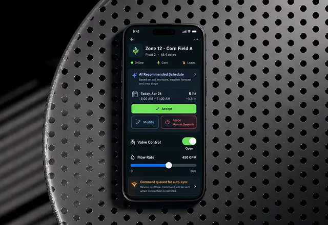 Phone screen for one field zone: the recommended watering window, accept and override buttons, a valve switch and the current flow rate, with a note that the command is queued while the device is offline