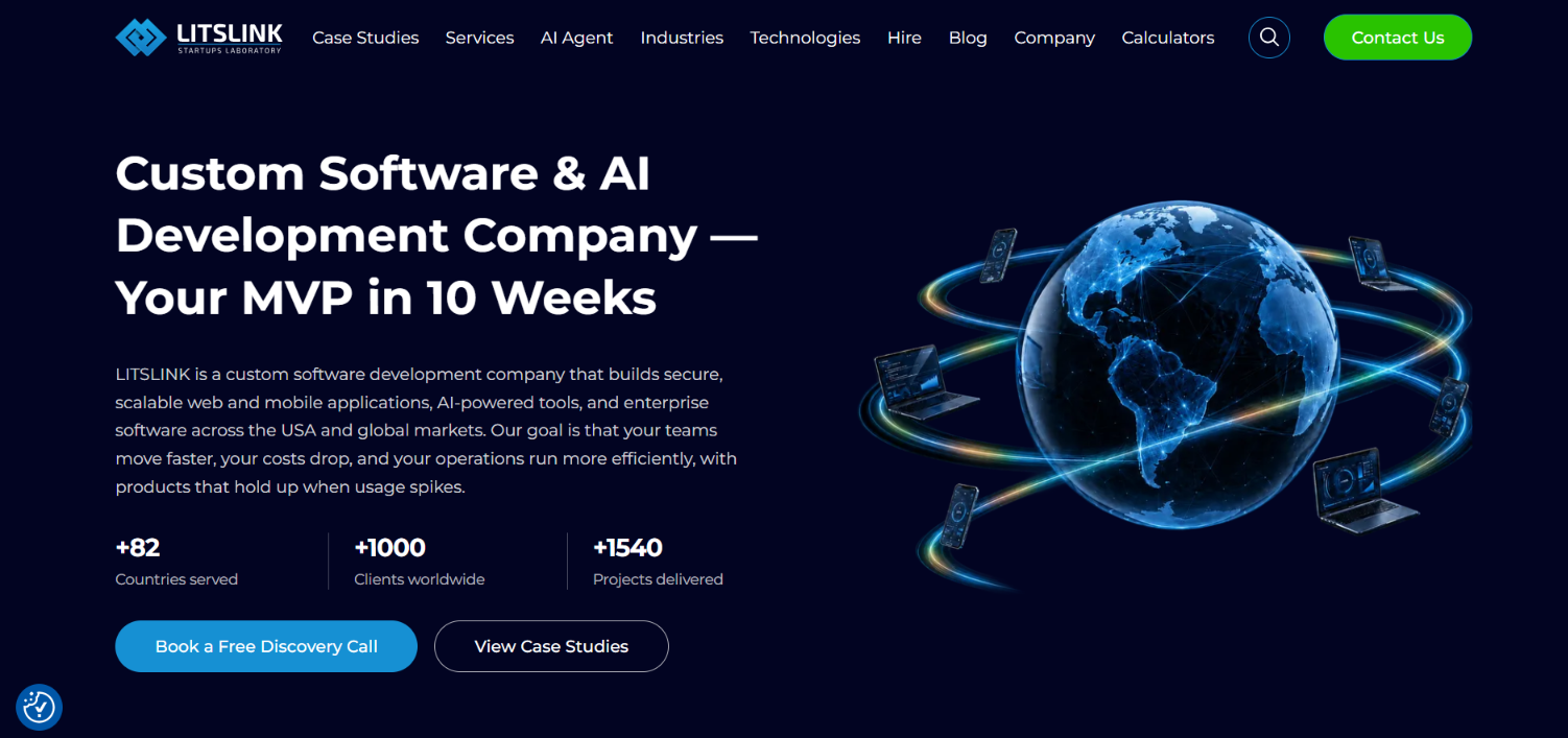 LITSLINK homepage hero: "Custom Software & AI Development Company - Your MVP in 10 Weeks", with 82 countries, 1000 clients, 1540 projects.