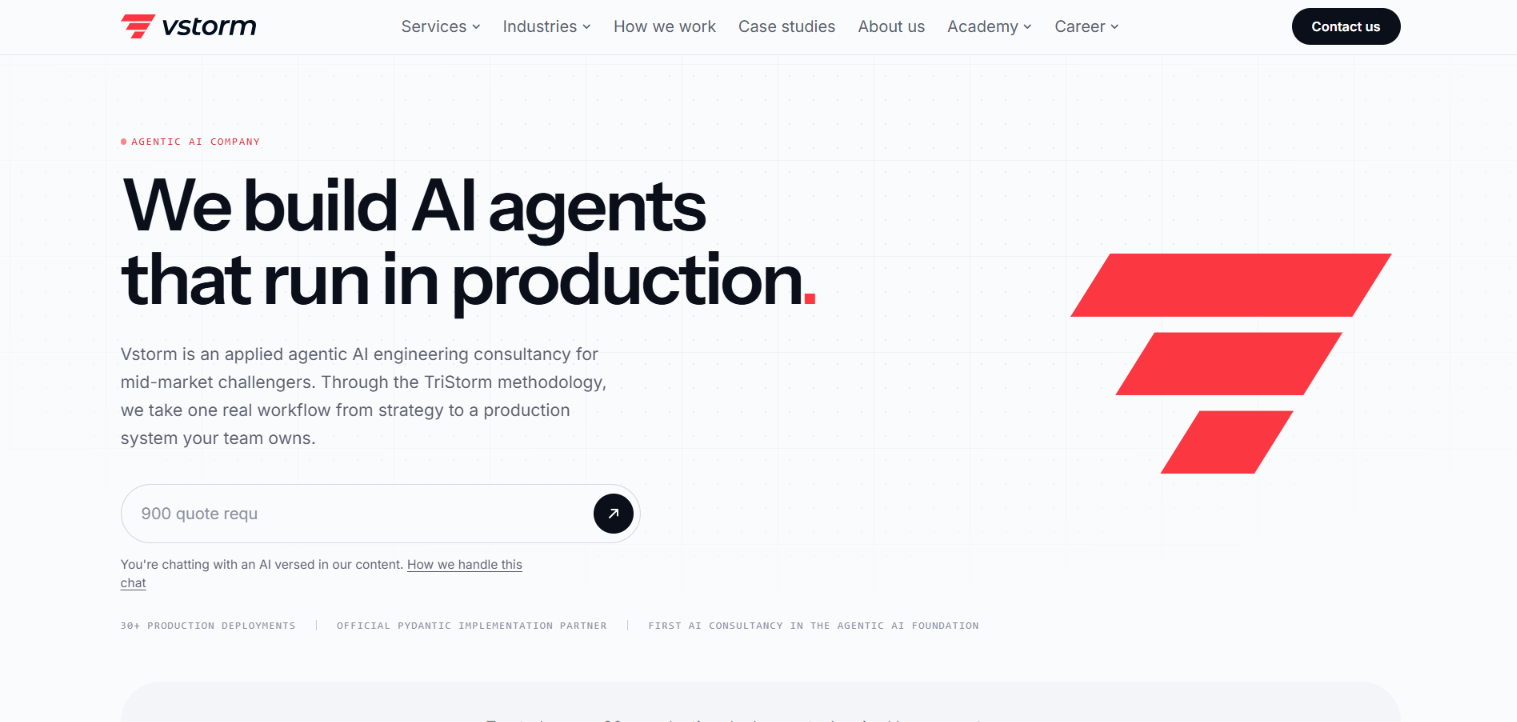 Vstorm website homepage with the headline "We build AI agents that run in production" and a red geometric logo mark.