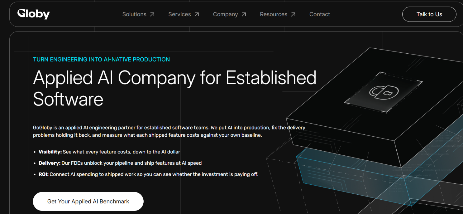 GoGloby website homepage: "Applied AI Company for Established Software", listing visibility, delivery and ROI benefits on a dark layout.