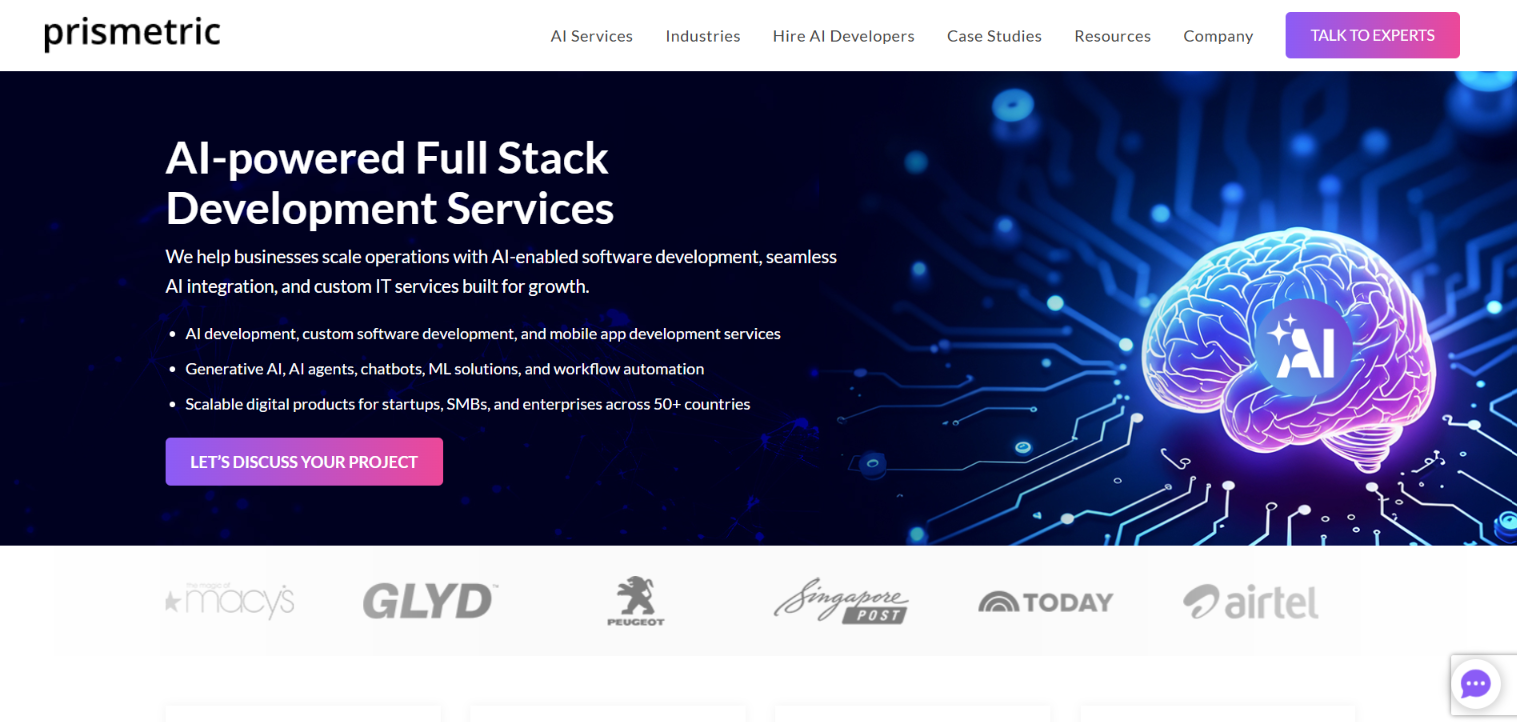 Prismetric website homepage offering AI-powered full stack development services, with a glowing brain graphic and client logos.